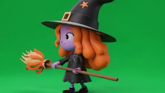 A cute, animated witch with a green hat flying on a broomstick