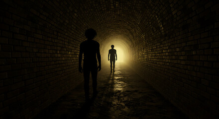 Silhouetted figures walking through mysterious tunnel