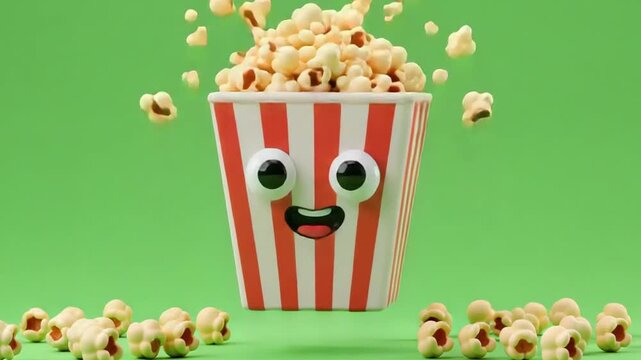 A 3D animated bucket of popcorn with a happy face