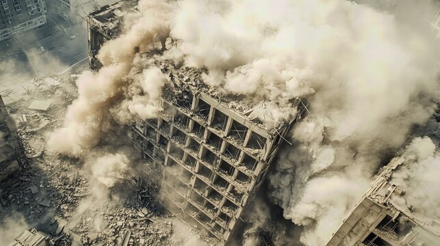 Aerial view of controlled demolition of high-rise building. A large dust cloud rises from the impact.