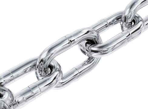 Close-up of a polished metal chain links, angled view