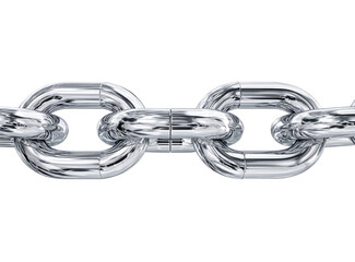 Obraz premium Close-up of a polished metal chain. Links are highly reflective, showing a smooth surface. Horizontal orientation