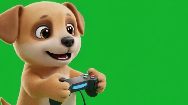 A cute, animated dog character holding a video game controller on a green screen
