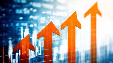 Orange upward-pointing arrows overlay a digital background with binary code and financial data visuals,