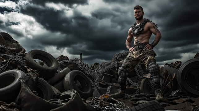 An expressive depiction of determined marine solider: adventure through rough terrain - a stunning digital masterpiece featuring high-def cg artistry of a bare-chested hero and tires in a dramatic.