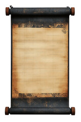 old paper scroll, open blank scroll, Chinese Qing Dynasty scroll, ink painting style, isolated on white background