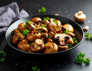 Roasted mushrooms on dark plate