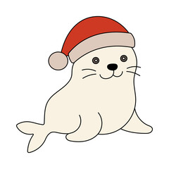 Cartoon seal wearing a red Santa Claus hat. Festive Christmas clipart for greeting cards, posters, and holiday designs.