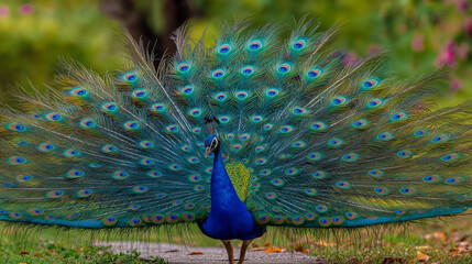 Obraz premium An eye-catching editorial-style photo majestic blue peacock in vivid display - lively members of the pheasant family.