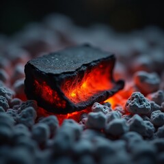 Glowing hot coal emitting heat on ashes