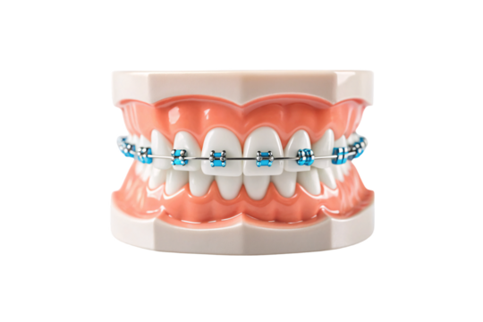 Dental model with blue metal braces on white teeth, isolated on a transparent background
