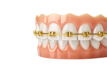 Side view dental model with gold braces on perfect white teeth, isolated on a transparent background