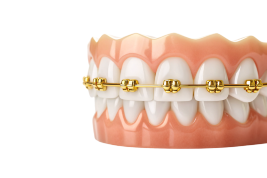 Side view dental model with gold braces on perfect white teeth, isolated on a transparent background