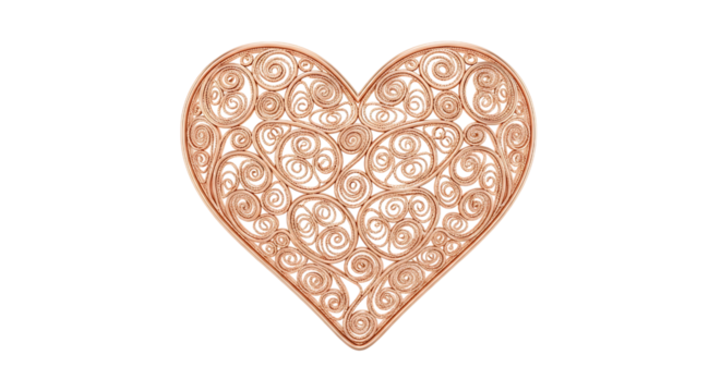Rose gold filigree heart isolated on transparent background