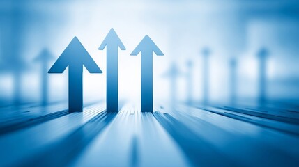 Three upward-pointing arrows on a blurred blue background symbolize growth, progress,