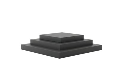 Three-tiered minimal gray podium on black background for product display presentation