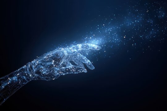 Robot or cyborg arm and hand human. Touch Technological concept. Low poly blue. Polygonal abstract health illustration. Low poly vector illustration of a starry sky or Cosmos