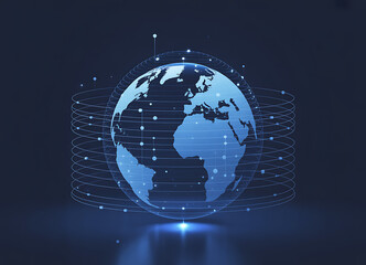 Futuristic digital globe with network connections and data streams on a dark background