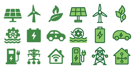 Green energy outline icons set &ndash; renewable, eco-friendly, sustainable symbols