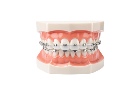 Full dental model showing blue braces on upper and lower teeth, isolated on a transparent background