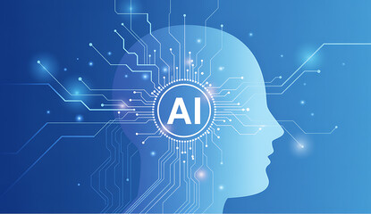 Artificial intelligence head silhouette with glowing circuits and ai symbol on blue background