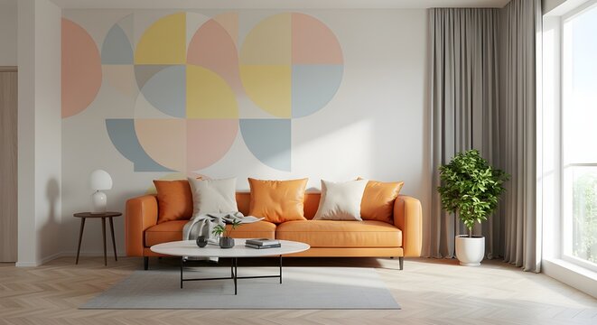 Dise&ntilde;o interior de la sala de estar moderna con papel tapiz geom&eacute;trico colorido