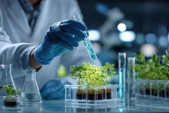 Scientist used biotechnology, ai technology, and dna plant in tube of scientific lab for medical research and Plant genetics development in Food industry. science chemistry in laboratory