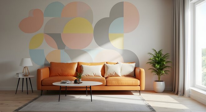 Diseño interior de la sala de estar moderna con papel tapiz geométrico colorido