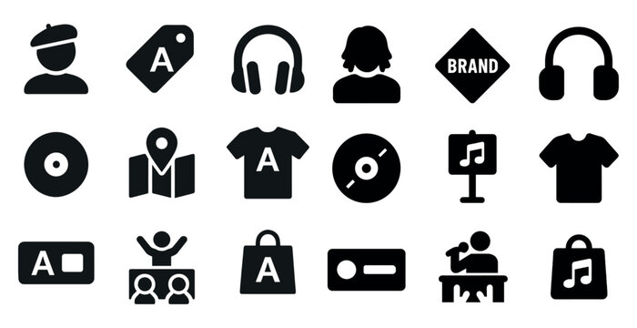 Music and merchandise solid icons set – filled, retail, branding symbols