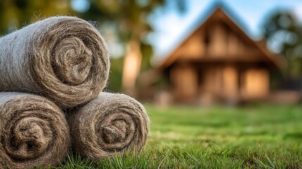 Three Jute Rolls Stacked on Green Grass with Wooden House Background