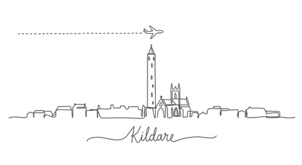 Obraz premium Kildare Ireland skyline line art with Airplane.