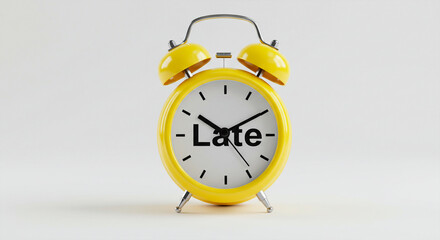A yellow alarm clock with the word "Late" on the clock face, isolated on a white background