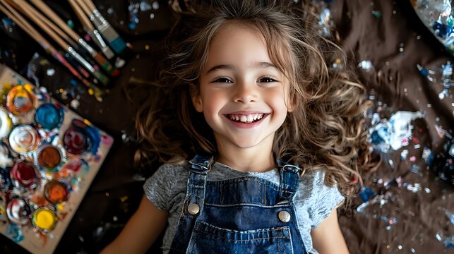 Joyful young girl with flowing brown hair wearing denim overalls and gray shirt lying on floor next to watercolor paint palette, expressing pure happiness and creativity.