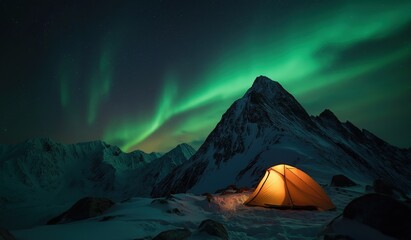 Camping tent under aurora borealis in snowy mountain landscape showcasing winter adventure and natural beauty