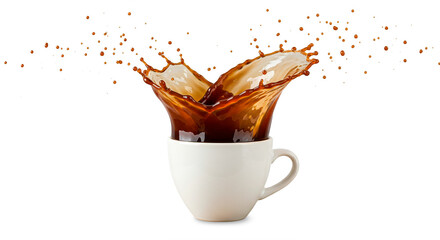 Splash of hot coffee overflowing from a white ceramic cup on a solid white background