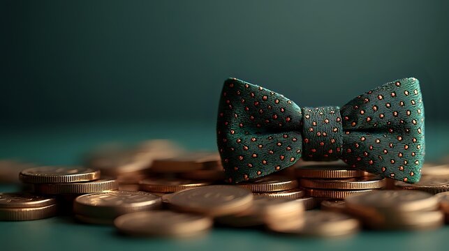 Elegant green polka dot bow tie placed on scattered gold coins against dark background, symbolizing luxury fashion and financial success in business attire. - Powered by Adobe