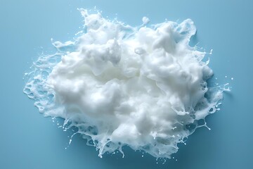 White milk or cream splash explosion with dynamic liquid drops and splashes against light blue background, frozen motion photography for dairy products.