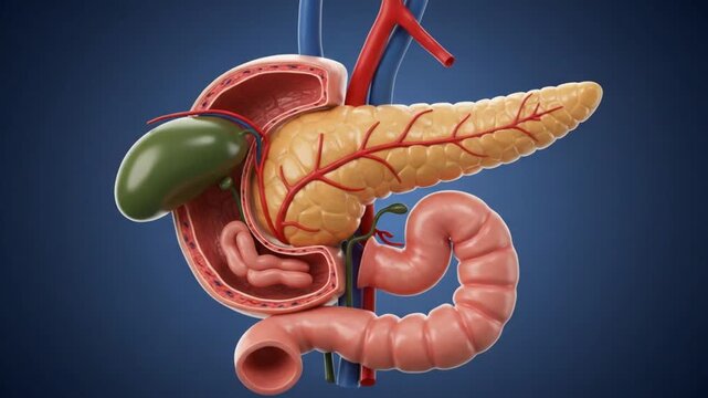 A 3D medical animation showing the organs in the human digestive system, including the stomach and pancreas