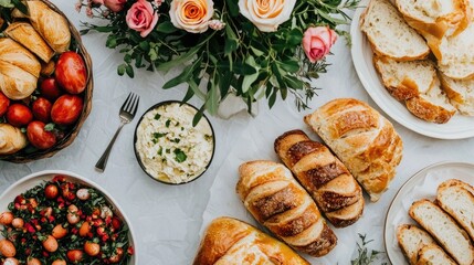 Beautifully Presented Traditional Easter Brunch Spread with Fresh Flowers Homemade Breads and an Assortment of Delicious Dishes on a Rustic Wooden Table