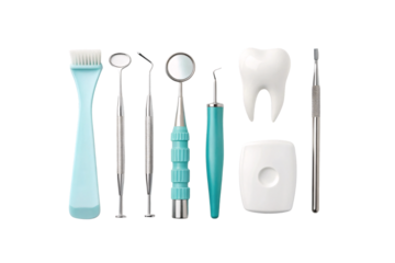 Dental care tools including toothbrush, explorer, mirror, scaler, and white tooth model arrangement, isolated on a transparent background