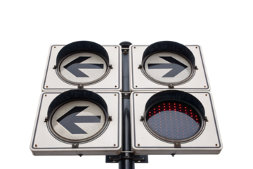 Four-way traffic signal showing three left arrows and one red countdown display, isolated on a transparent background