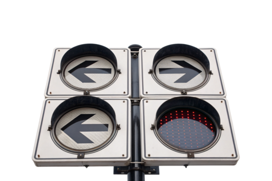 Four-way traffic signal showing three left arrows and one red countdown display, isolated on a transparent background - Powered by Adobe
