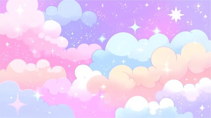 Fototapeta premium Dreamy clouds in pink, beige, and blue against a starry sky with sparkles, creating a whimsical and magical atmosphere.