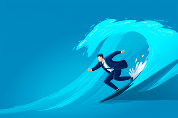 Businessman in Suit Surfing Giant Blue Wave Symbolizing Success and Leadership
