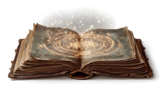 Old spell book opening with glowing isolated on the white background 