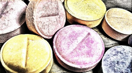 Colorful and muted round pills with scored surfaces, representing pharmaceutical diversity, medical hope,