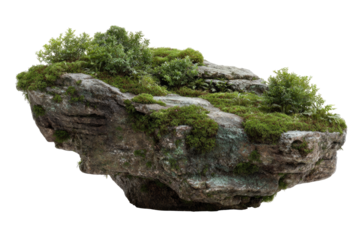 A sculpted rock, covered in moss and small plants, isolated on a black background
