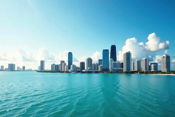 Naklejka premium Miami Beach skyline day view from across Biscayne Bay, view, beach, south florida