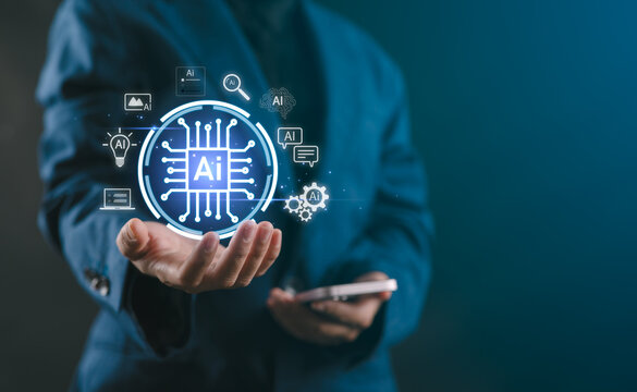 Ai tech, businesswoman show virtual graphic Global Internet connect robot Chat with AI, Artificial Intelligence. Using command prompt for generate something, Futuristic technology transformation.