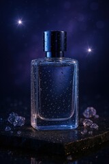 Elegant glass perfume bottle with water drops and ice against starry night background